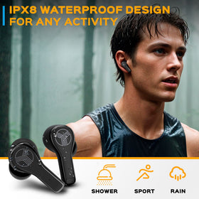 TREBLAB WX8 IPX8 waterproof design for rain and workouts.