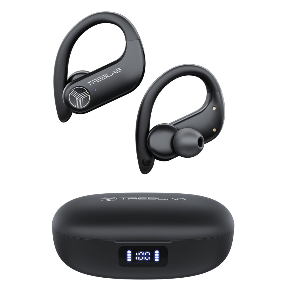 TREBLAB X3 Pro case and earbuds charging, ideal for travel and long sessions.