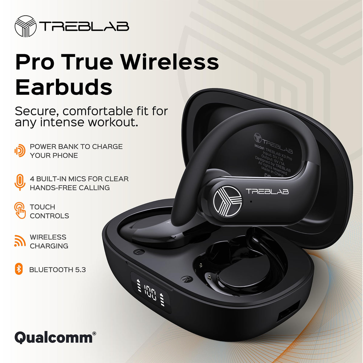 TREBLAB X3-Pro earhook close-up highlighting secure fit