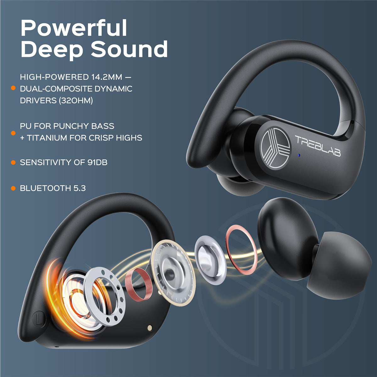 TREBLAB X3-Pro earbuds in-ear on runner demonstrating stability