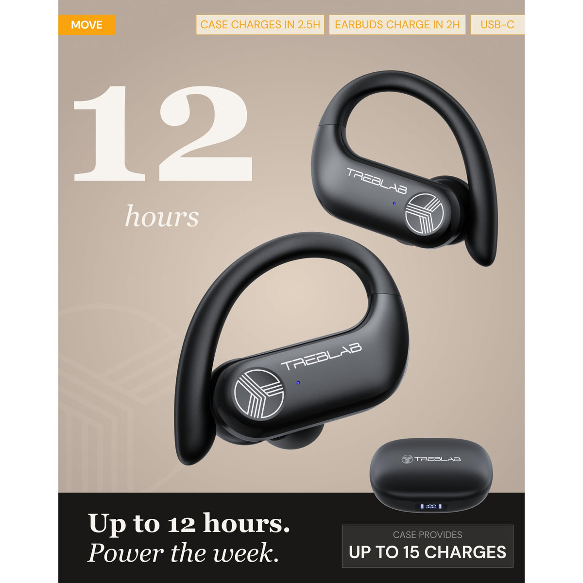 TREBLAB X3 Pro long battery life case supports extended travel and workouts.