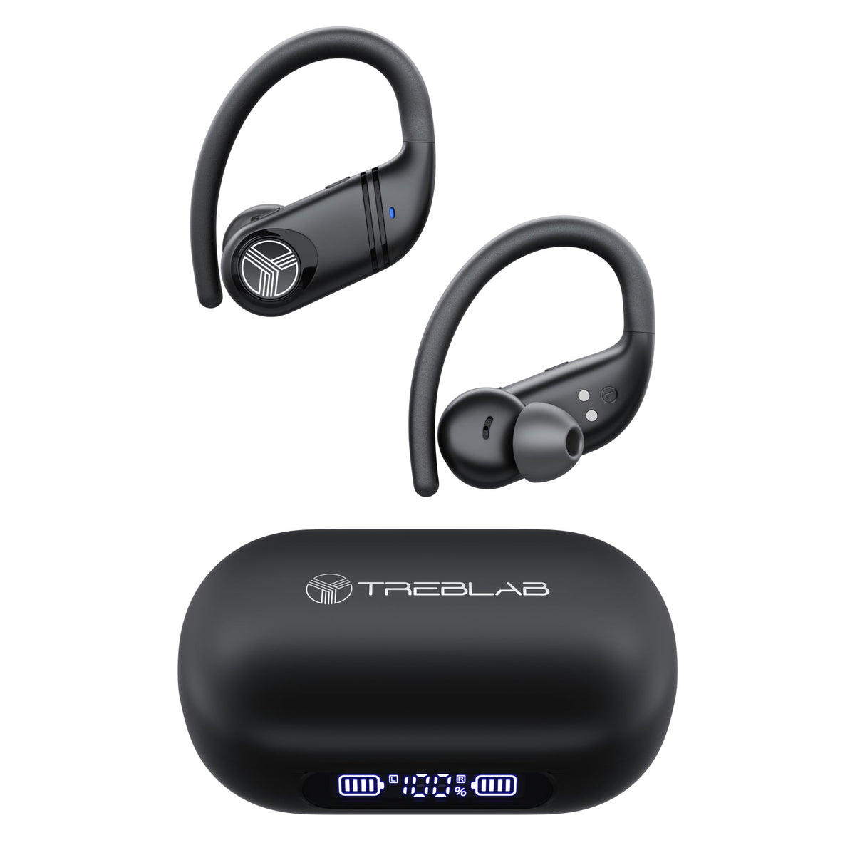 TREBLAB X4 front view showing earbuds and case, conveying portability and battery benefit