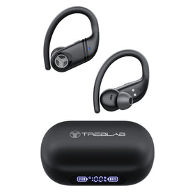 TREBLAB X4 front view showing earbuds and case, conveying portability and battery benefit
