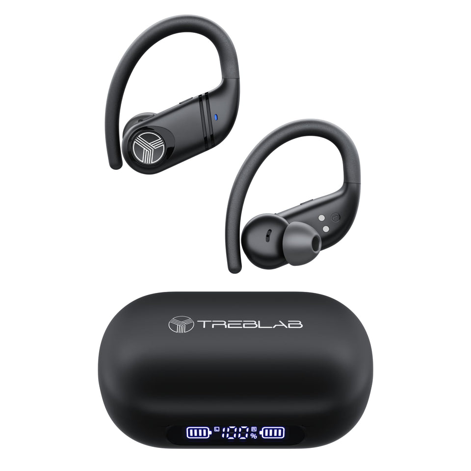 TREBLAB X4 front view showing earbuds and case, conveying portability and battery benefit