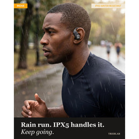 TREBLAB X4 worn by runner outdoors, illustrating stability and reliable music during runs
