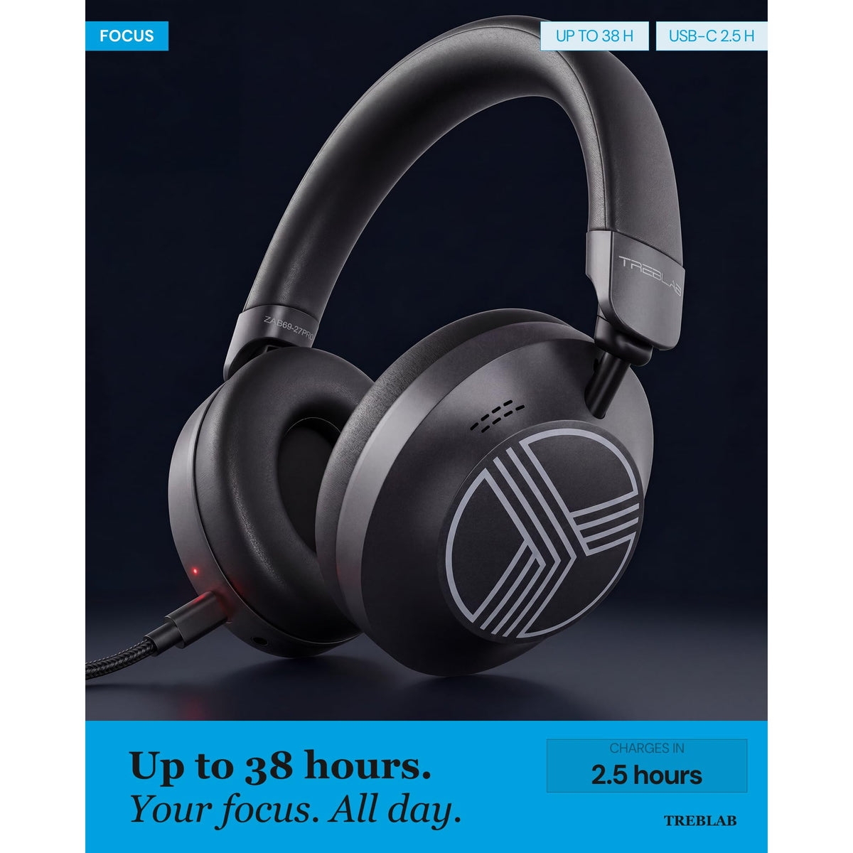 Foldable TREBLAB Z7-Pro design with carrying case for portability.