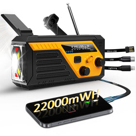 Trecol emergency radio with hand crank and four cables for off-grid charging.