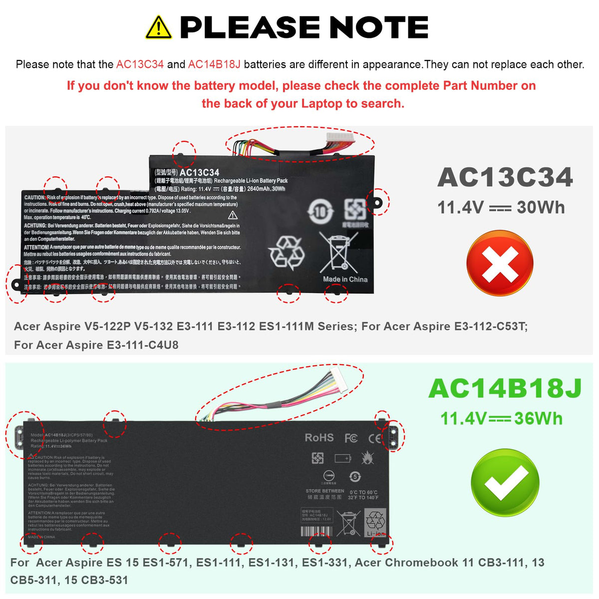 TREE.NB AC14B18J battery side label shows voltage and capacity for quick checks
