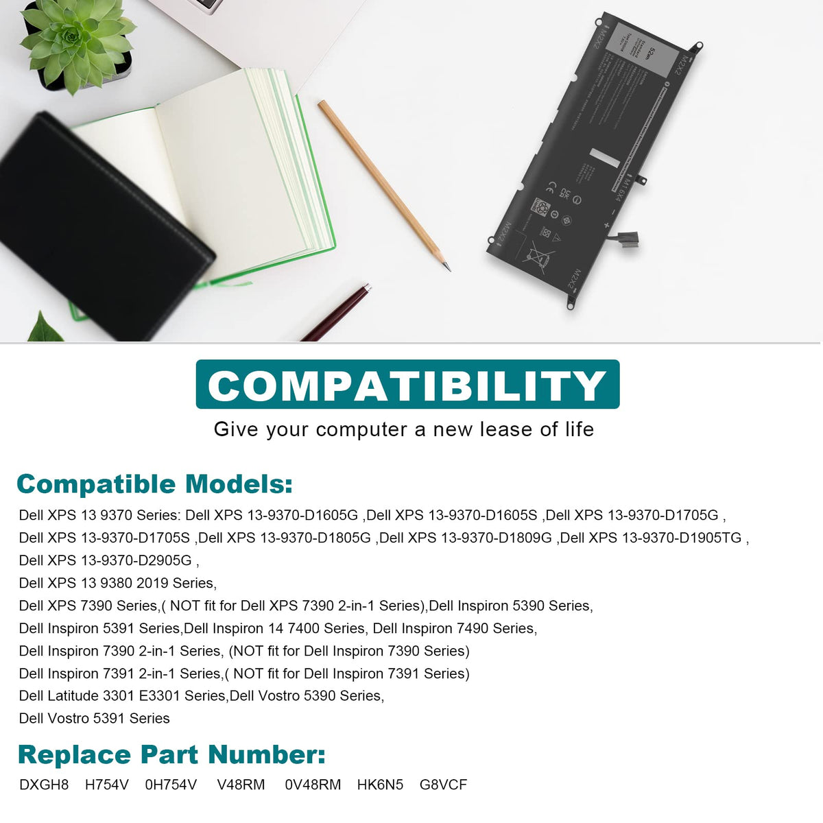 TREE.NB DXGH8 battery for Dell XPS 9380 back view, supports all-day performance