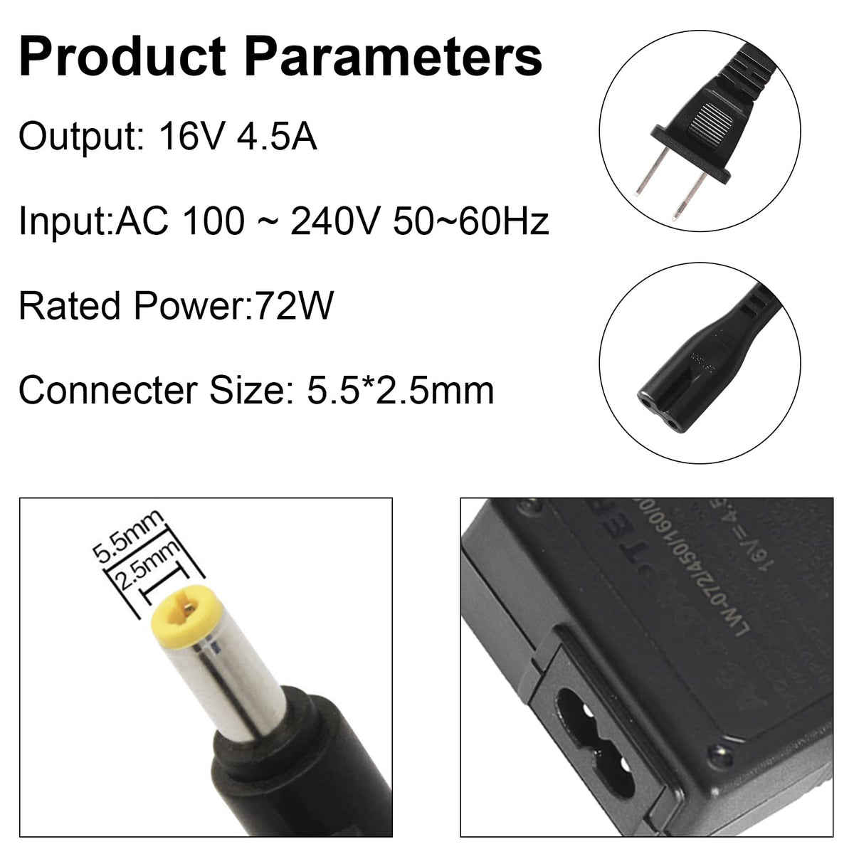 TREE.NB power brick label showing 16V 4.5A specs for safe matching