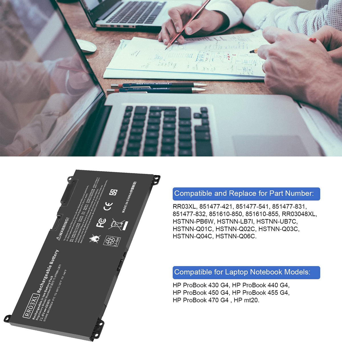 TREE.NB RR03XL battery packaging highlights easy replacement.