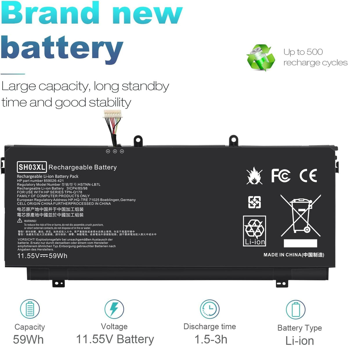 TREE.NB spare battery for HP Spectre x360, 11.55V 59Wh capacity detail.
