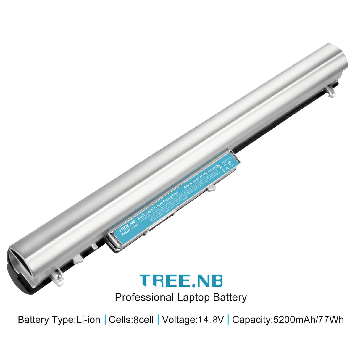 TREE.NB label close-up showing 5200mAh 14.8V specifications for reliable runtime