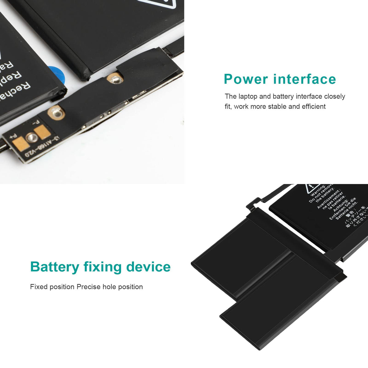 TREE.NB battery connector and flex cable view showing secure connection benefit