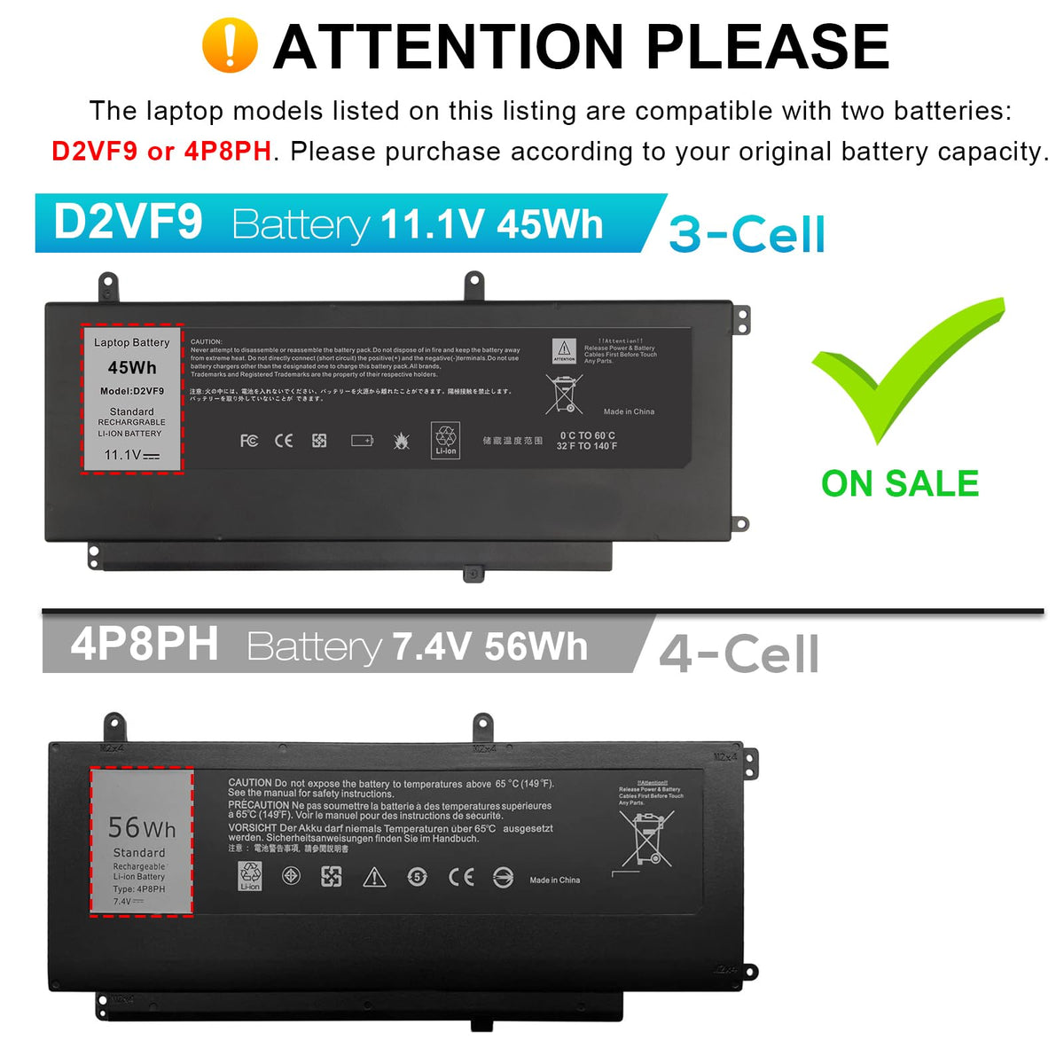 TREE.NB D2VF9 battery front view with slim profile for Dell