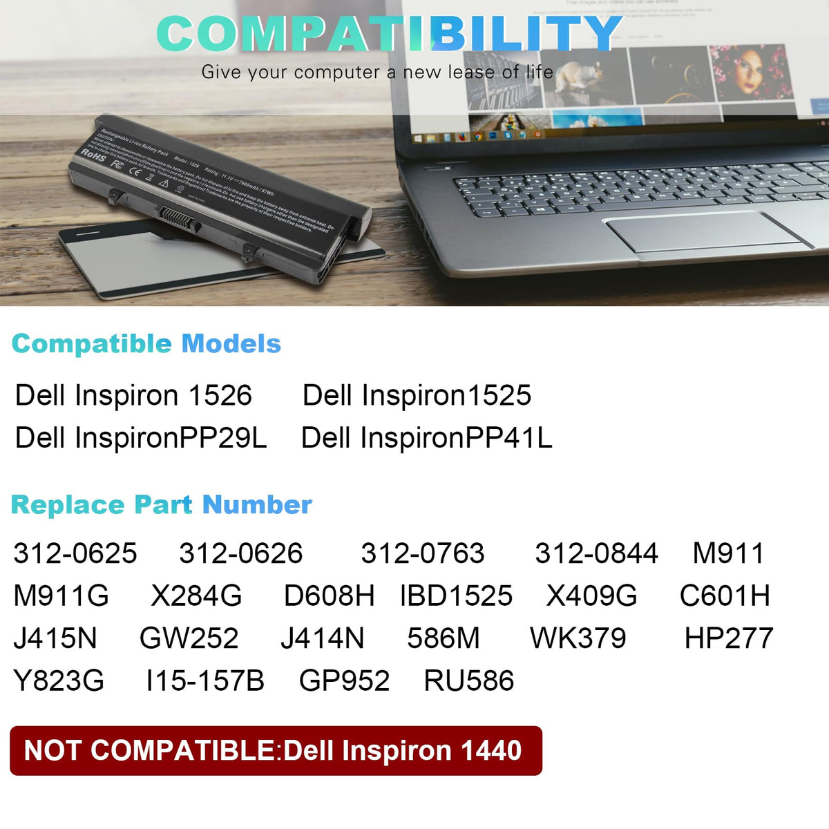 TREE.NB high-capacity battery for Dell Inspiron 1526, side view, reliable portable power.