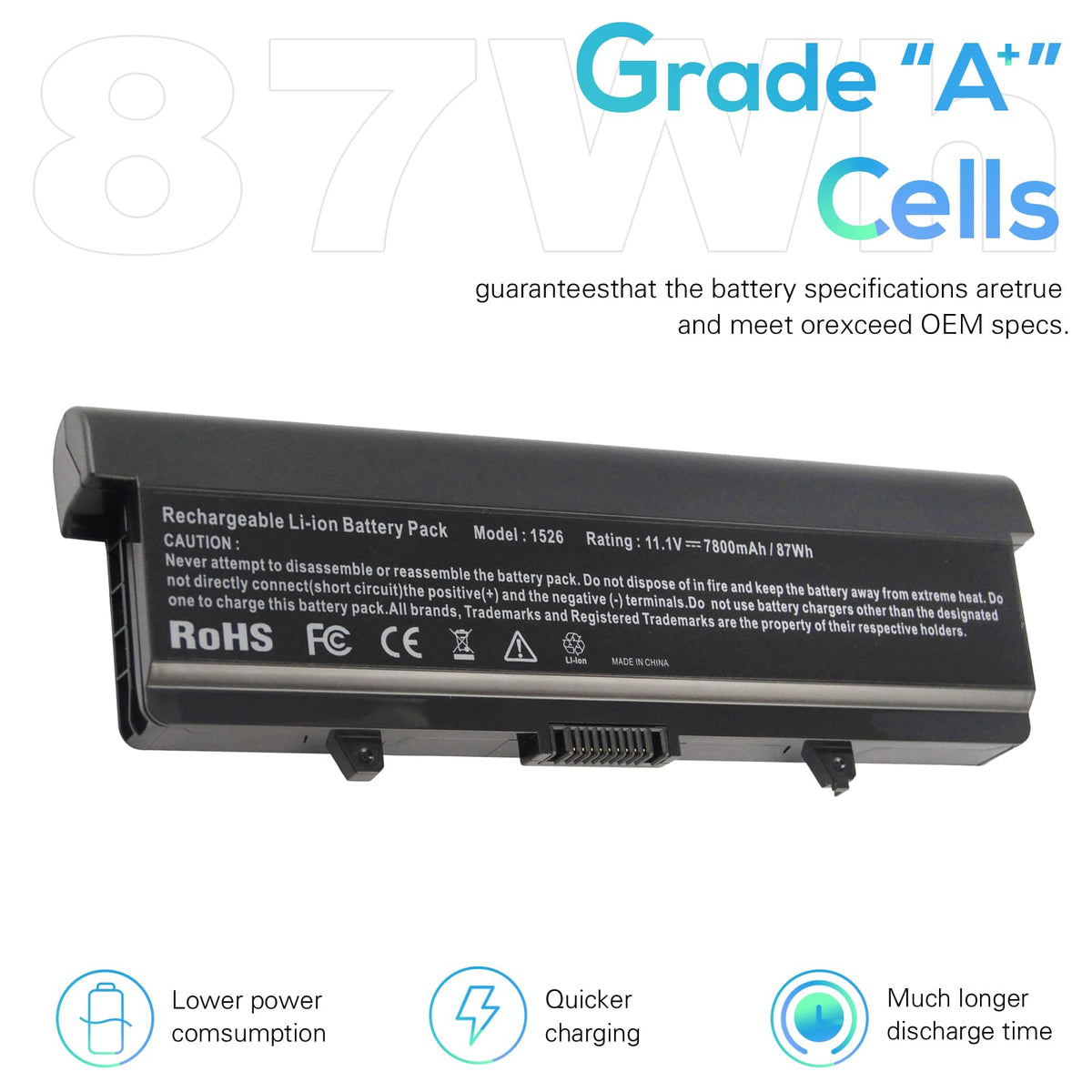 TREE.NB high-capacity battery Dell Inspiron label closeup, safety-certified power.