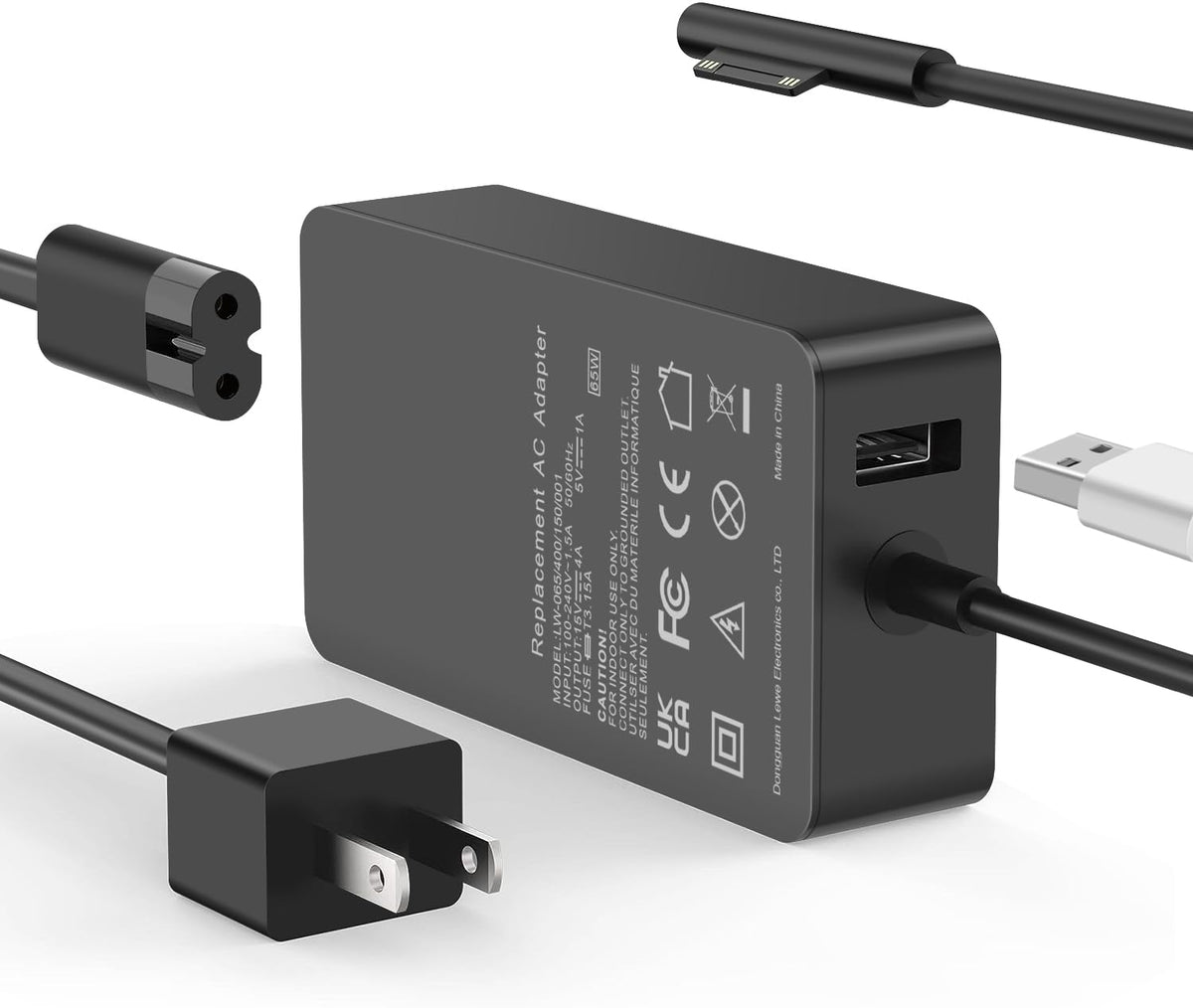 TREE.NB Surface Pro 65W charger, front view, delivers fast power for your device.