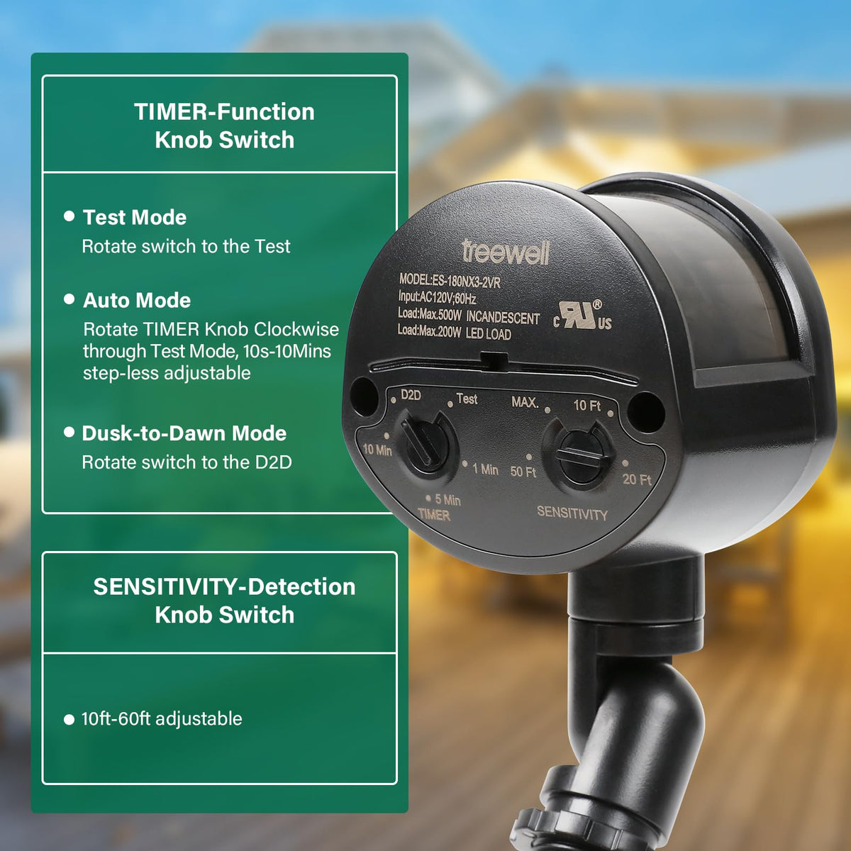 treewell sensitivity and timer knobs detail enabling fine-tune detection and delay