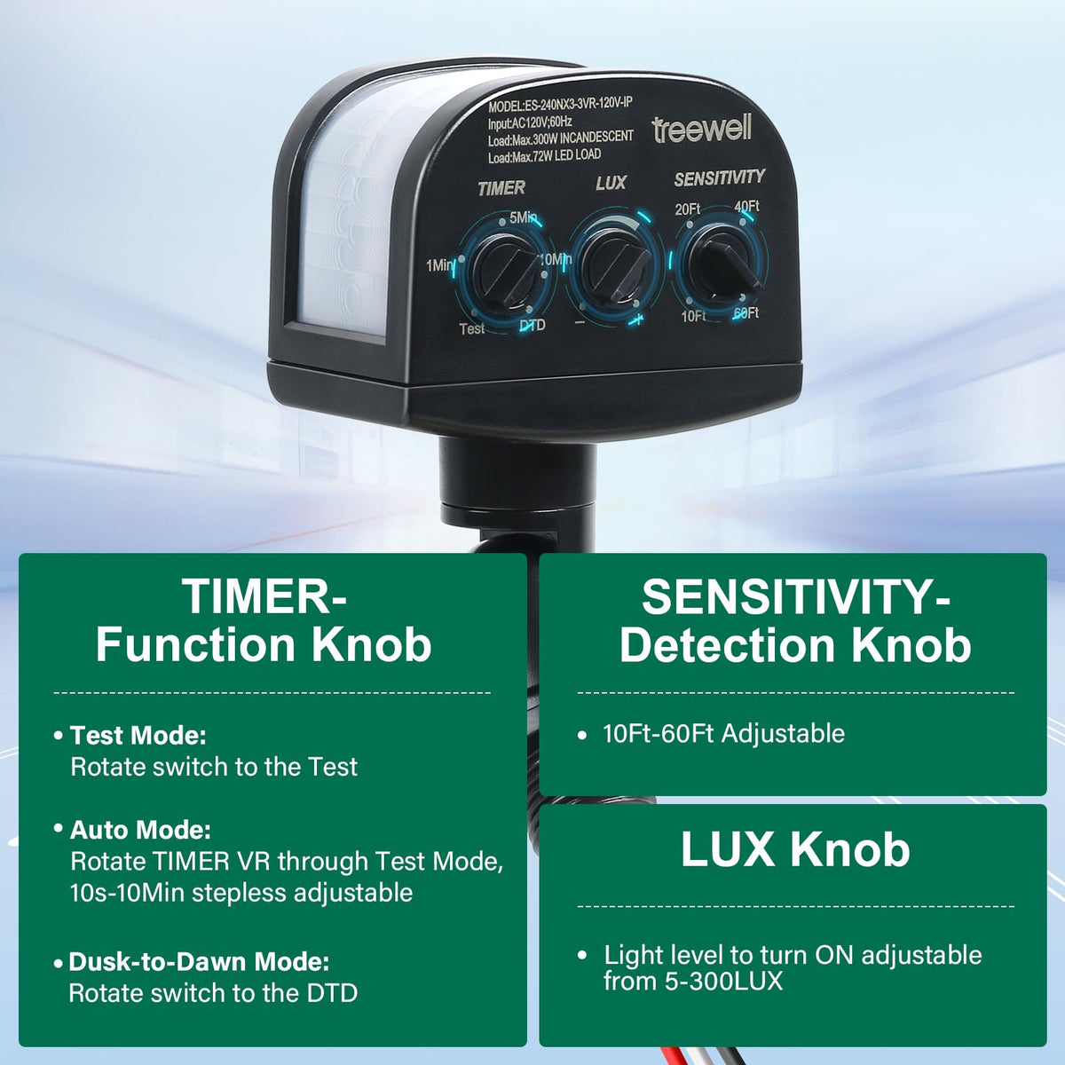 TREEWELL rotatable sensor head enables precise aiming for porch or driveway lighting.