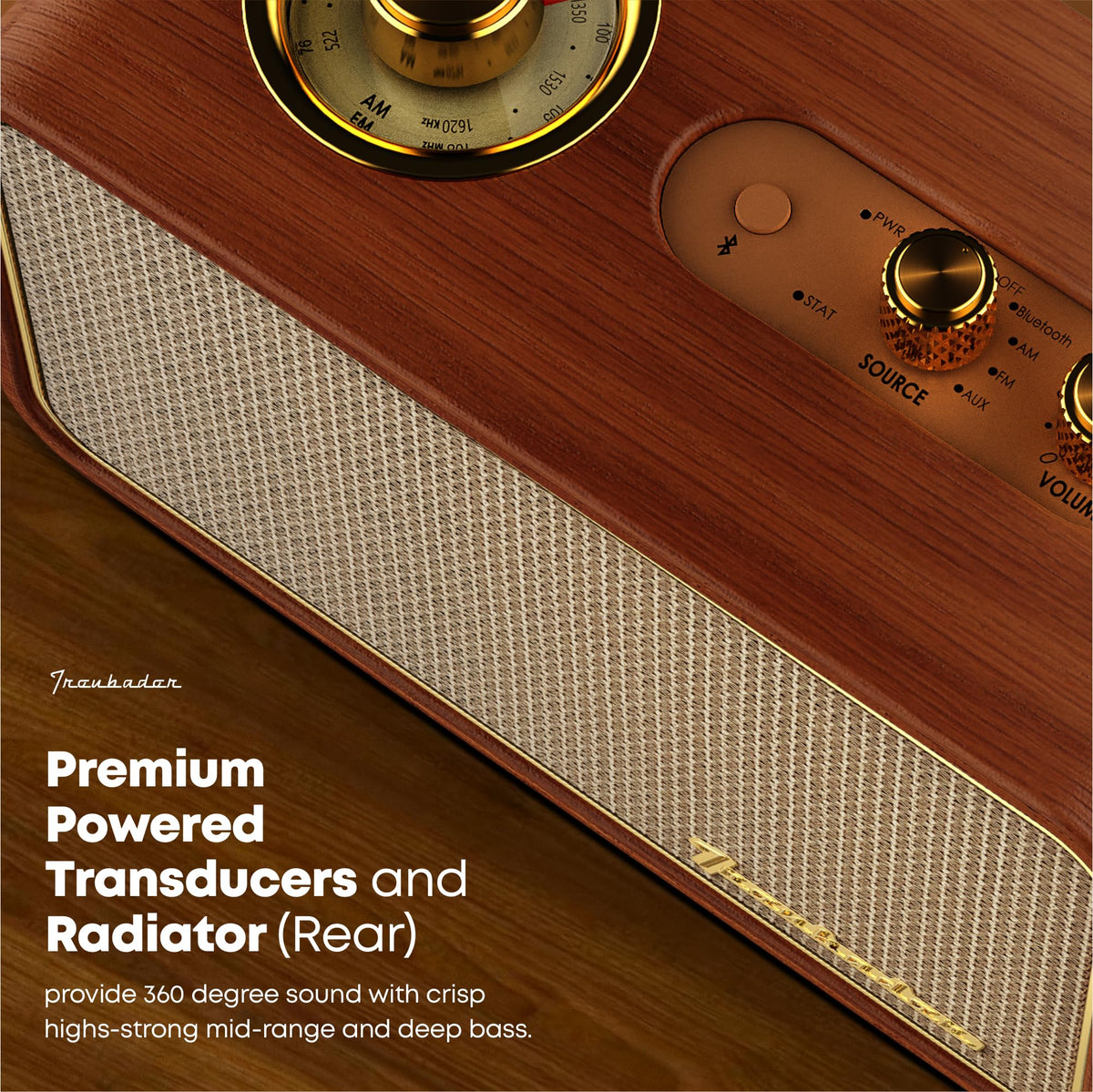 TRENBADER close-up of rotary tuner dial with ambient light, improves ease of tuning