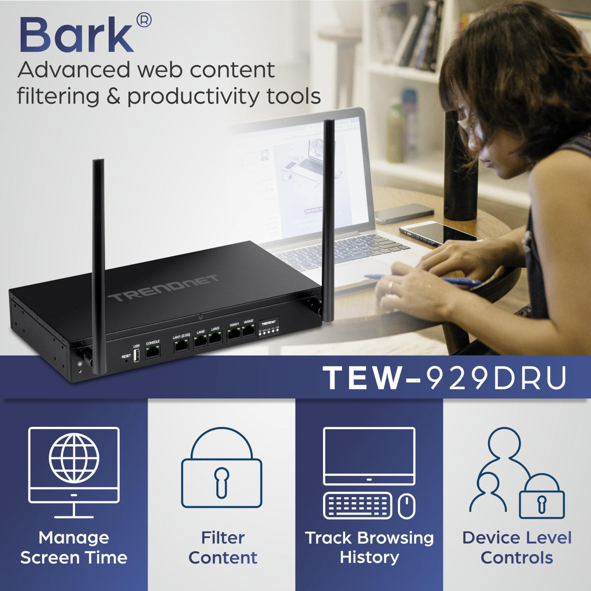 TRENDnet TEW-929DRU back panel with LAN/WAN ports for flexible network setup.