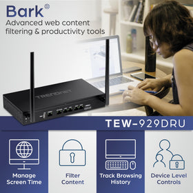 TRENDnet TEW-929DRU back panel with LAN/WAN ports for flexible network setup.