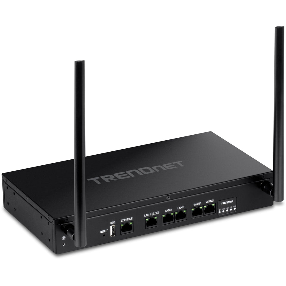 TRENDnet TEW-929DRU front panel shows dual-WAN ports for reliable office connectivity.