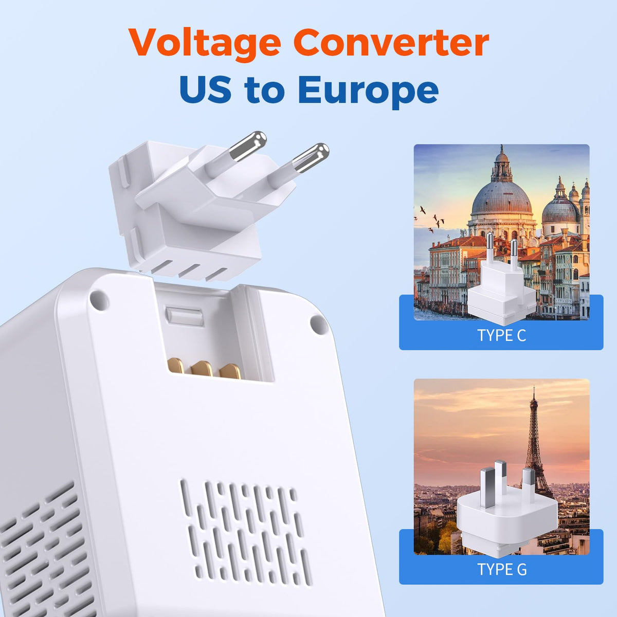 TREVOLTY close-up of Type C and Type G plug heads, adaptable for many countries