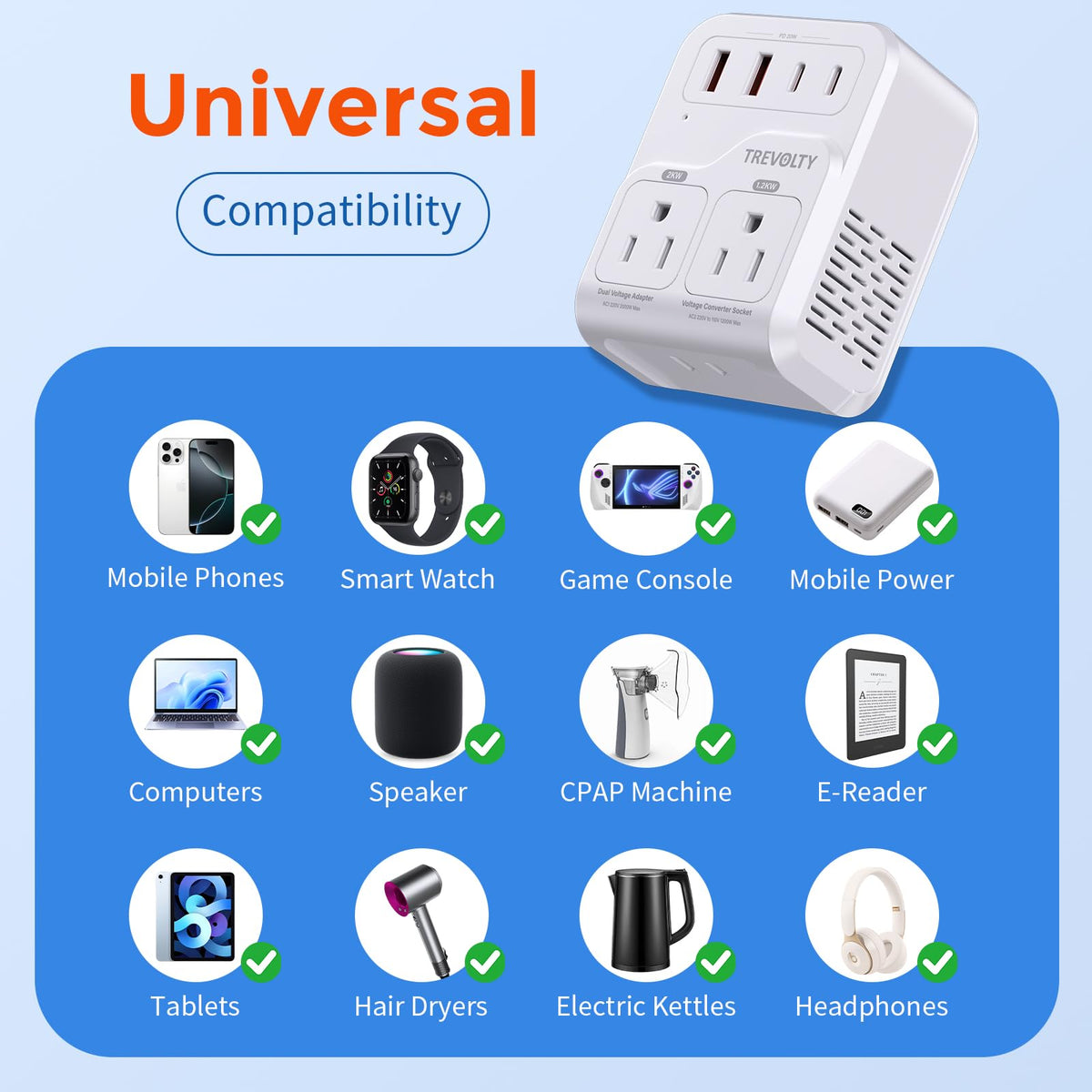 TREVOLTY compact converter held in hand, easy to pack and carry