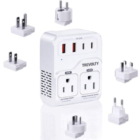 TREVOLTY front panel showing AC, USB-A, USB-C ports and plug layout for versatile charging