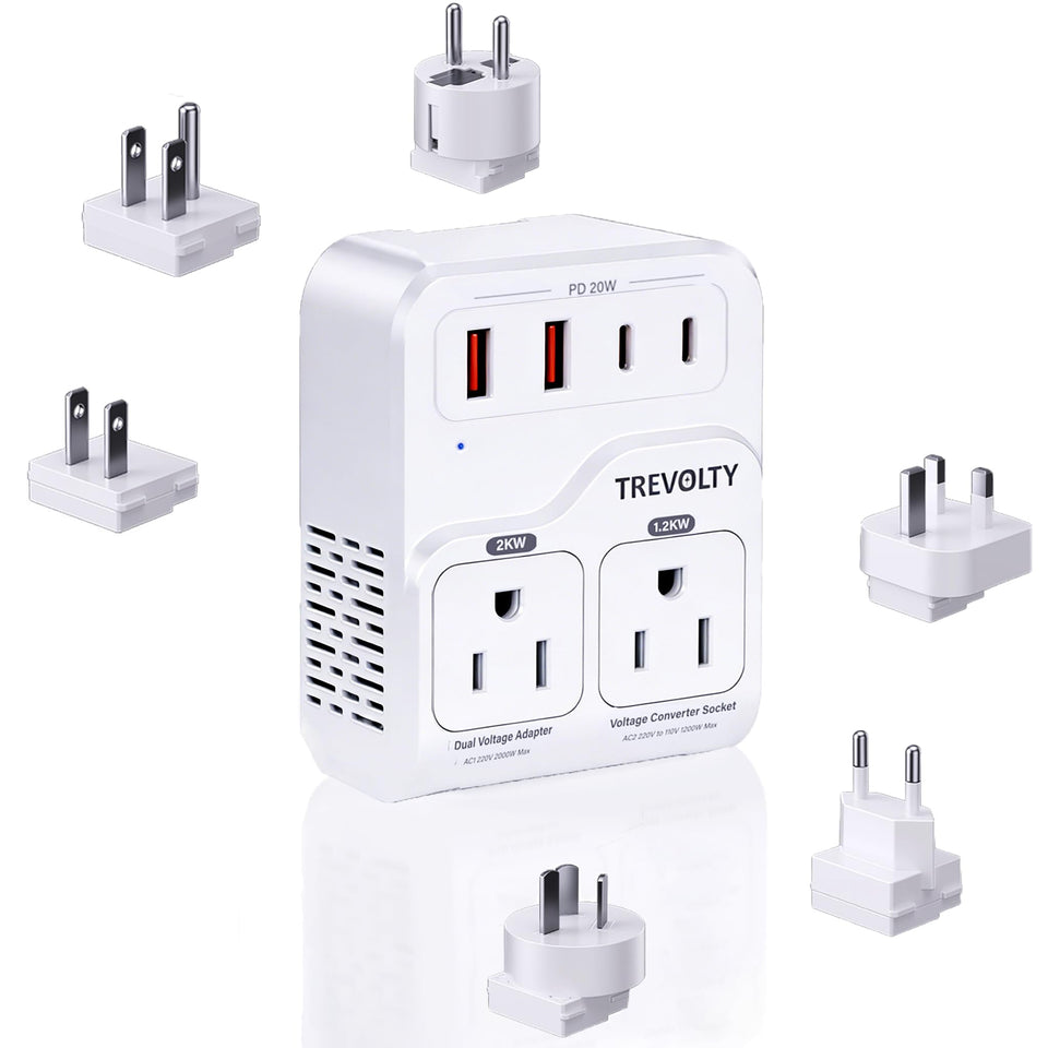 TREVOLTY front panel showing AC, USB-A, USB-C ports and plug layout for versatile charging