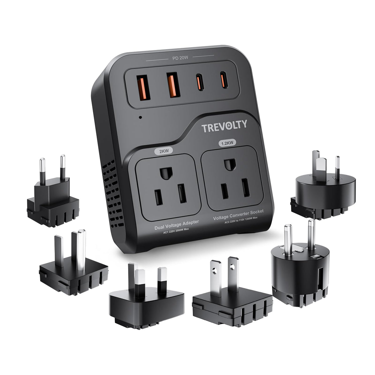 TREVOLTY front view of converter showing ports and indicators for convenient travel power