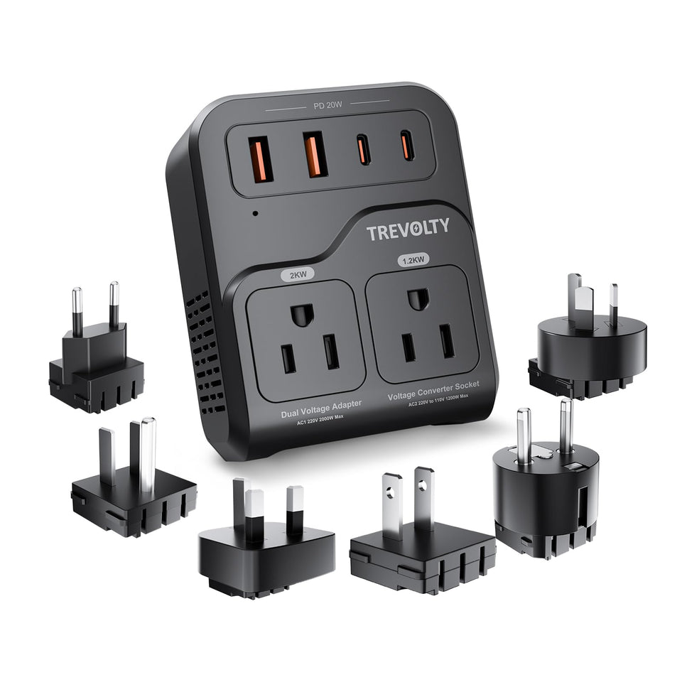 TREVOLTY front view of converter showing ports and indicators for convenient travel power