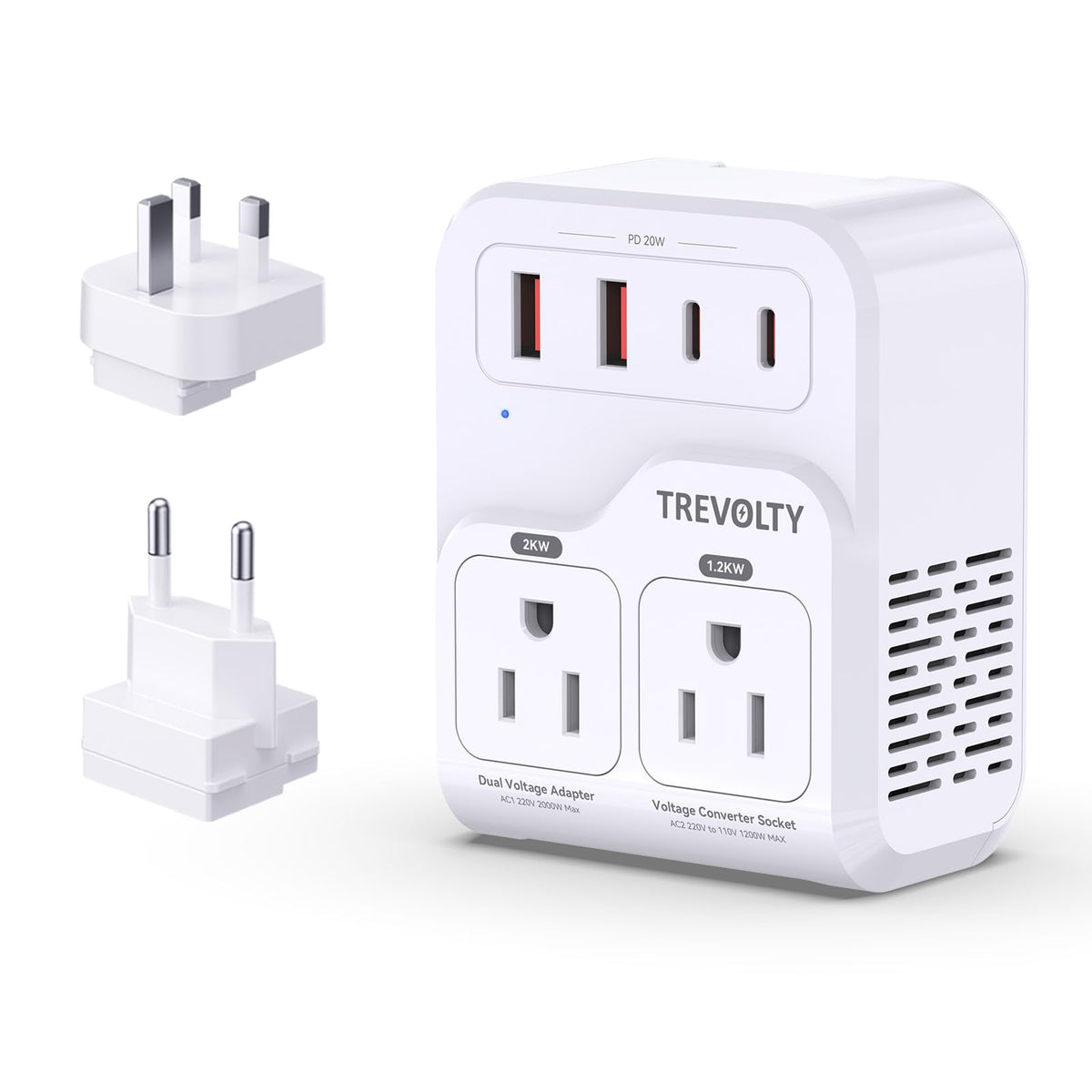 TREVOLTY front view of adapter showing AC and USB ports, reliable travel power