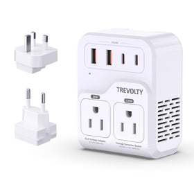 TREVOLTY front view of adapter showing AC and USB ports, reliable travel power