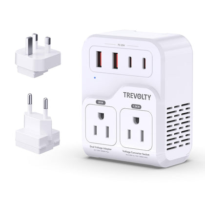 TREVOLTY front view of adapter showing AC and USB ports, reliable travel power