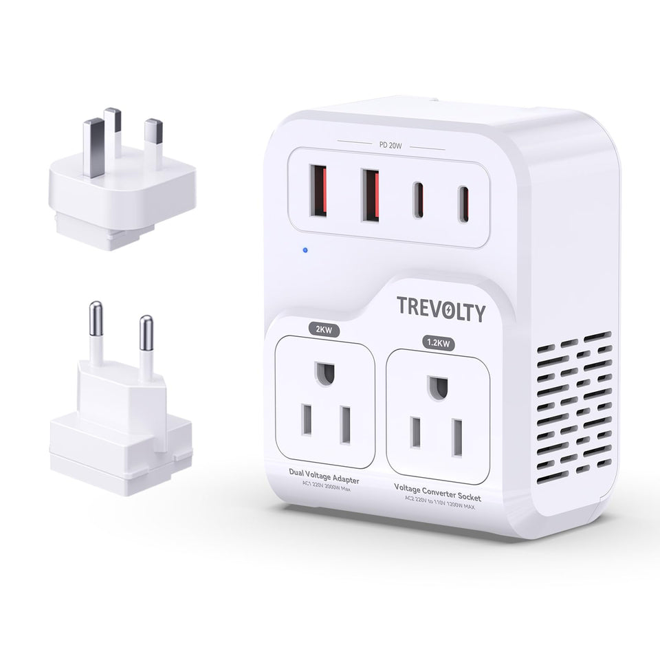 TREVOLTY front view of adapter showing AC and USB ports, reliable travel power