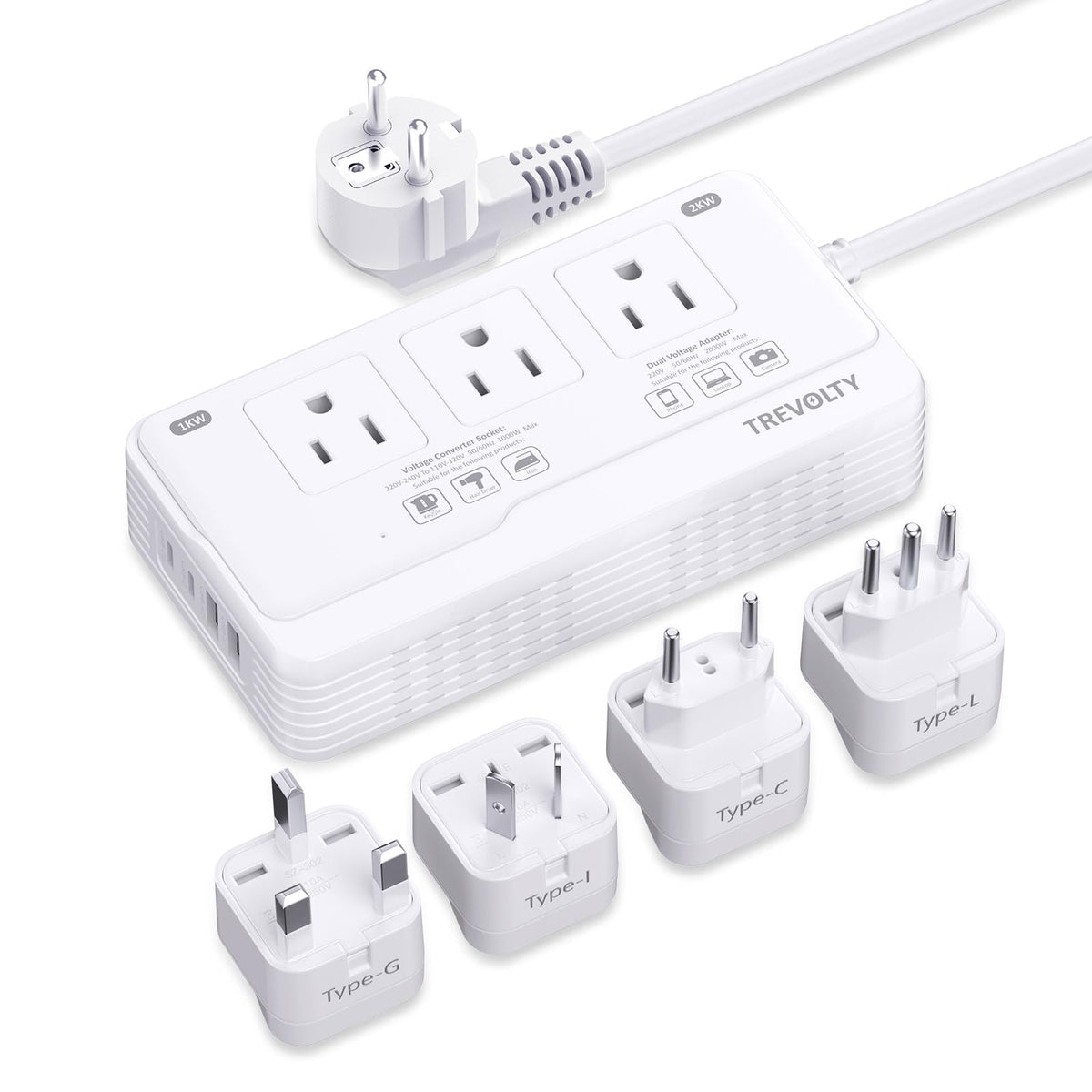 TREVOLTY front view showing outlets and ports for versatile travel power
