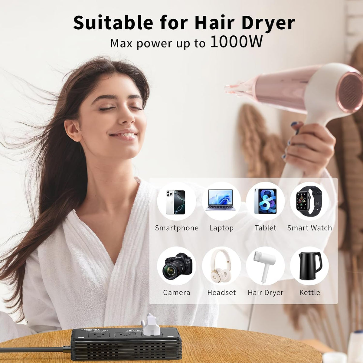 TREVOLTY powering a hair dryer to enable styling abroad