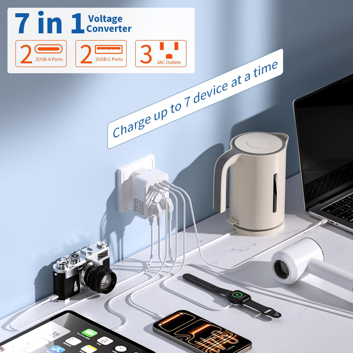 TREVOLTY powering a hair dryer in a European hotel, supports high-watt appliances