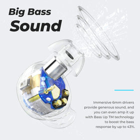 Tribit FlyBuds 3 earbud close-up showing touch control and tactile detail benefits