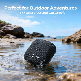 Tribit StormBox Micro 2 with water splash demonstrating Tribit IP67 protection and confidence outdoors