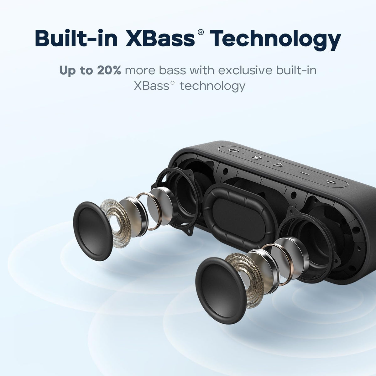 Tribit XSound Go top controls closeup highlighting buttons and quick access for easy playback control