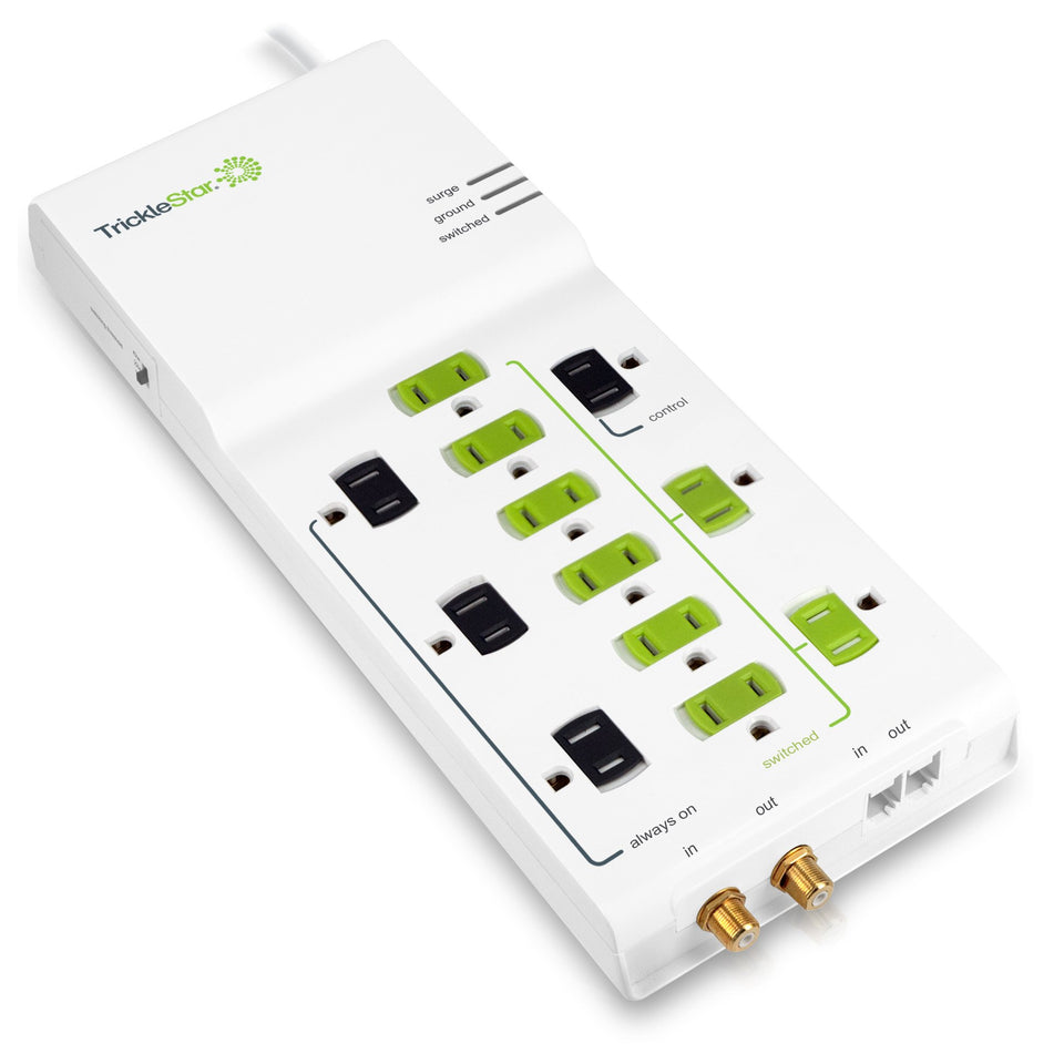 TrickleStar TS1006 front view showing twelve outlets and 4 ft cord for easy setup and energy saving