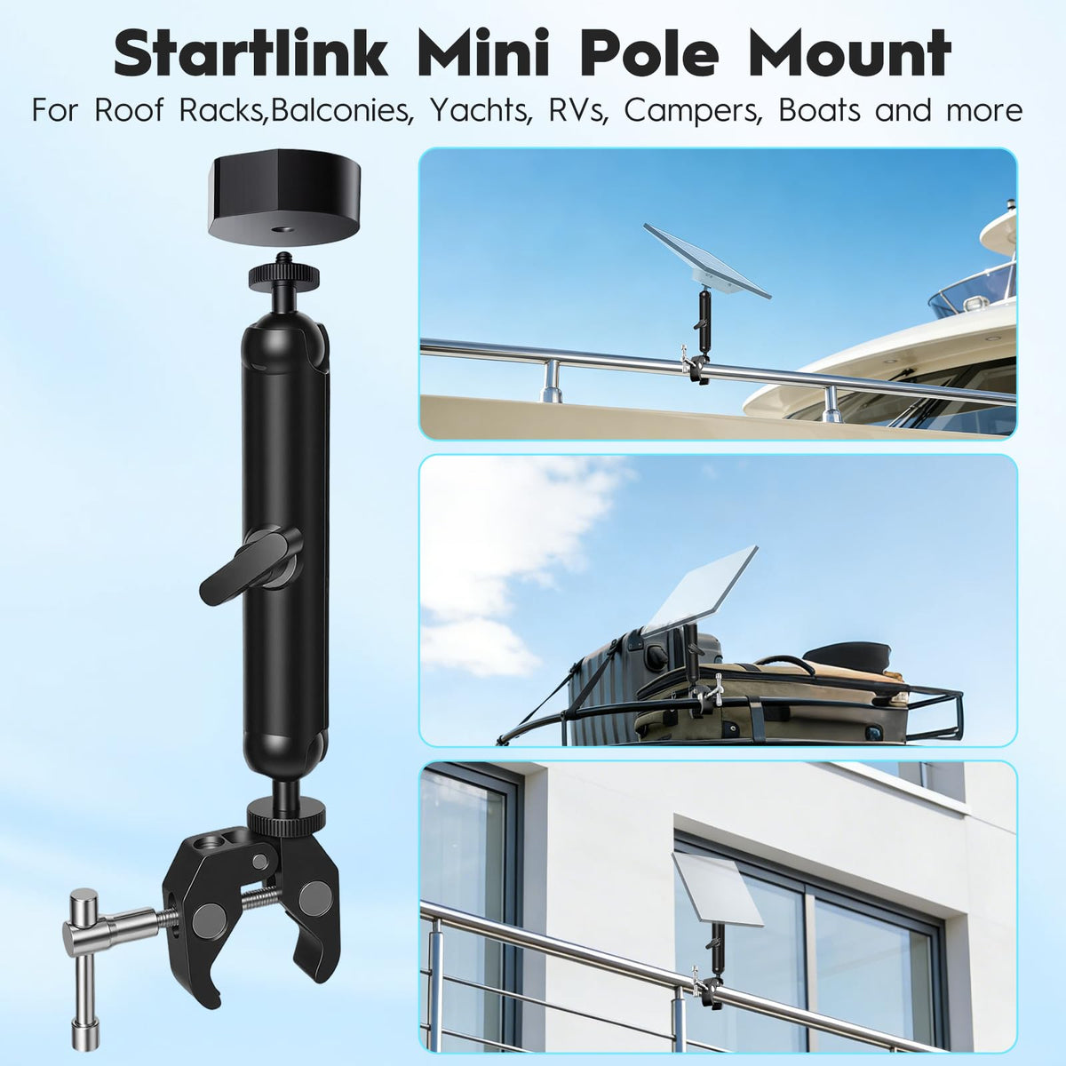Tridep Starlink Mini Mount boat-rail attachment keeps the unit stable on the move.