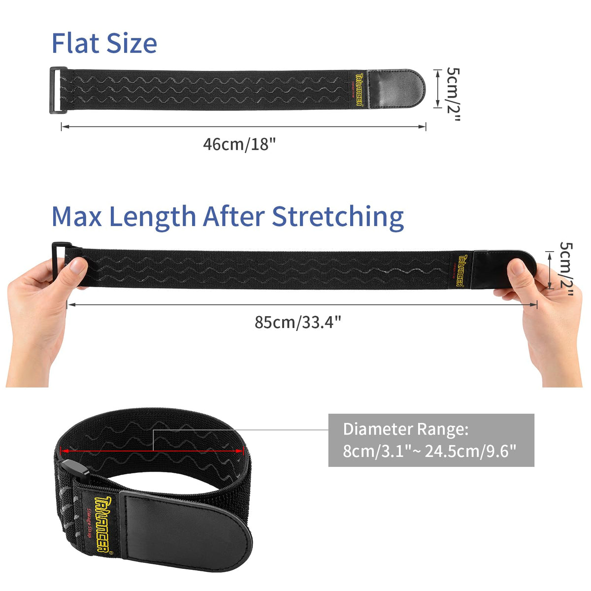 Trilancer extendable cinch strap reaches 33.4 inches for versatile wrapping.
