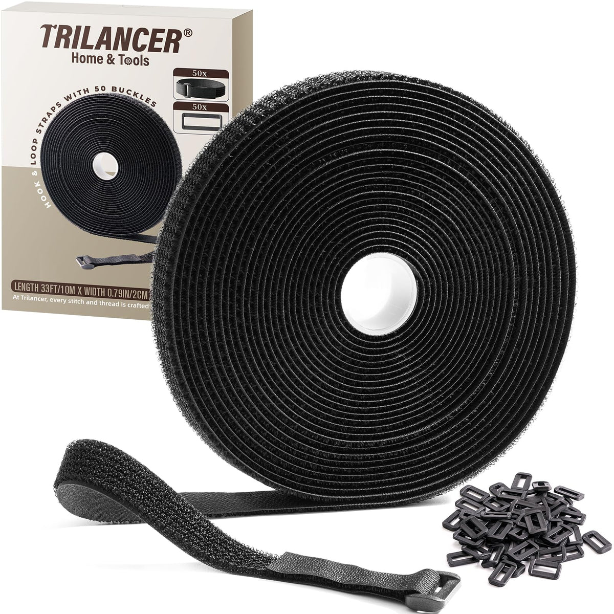 Trilancer roll front view showing black 32ft strap and included buckles for organized storage