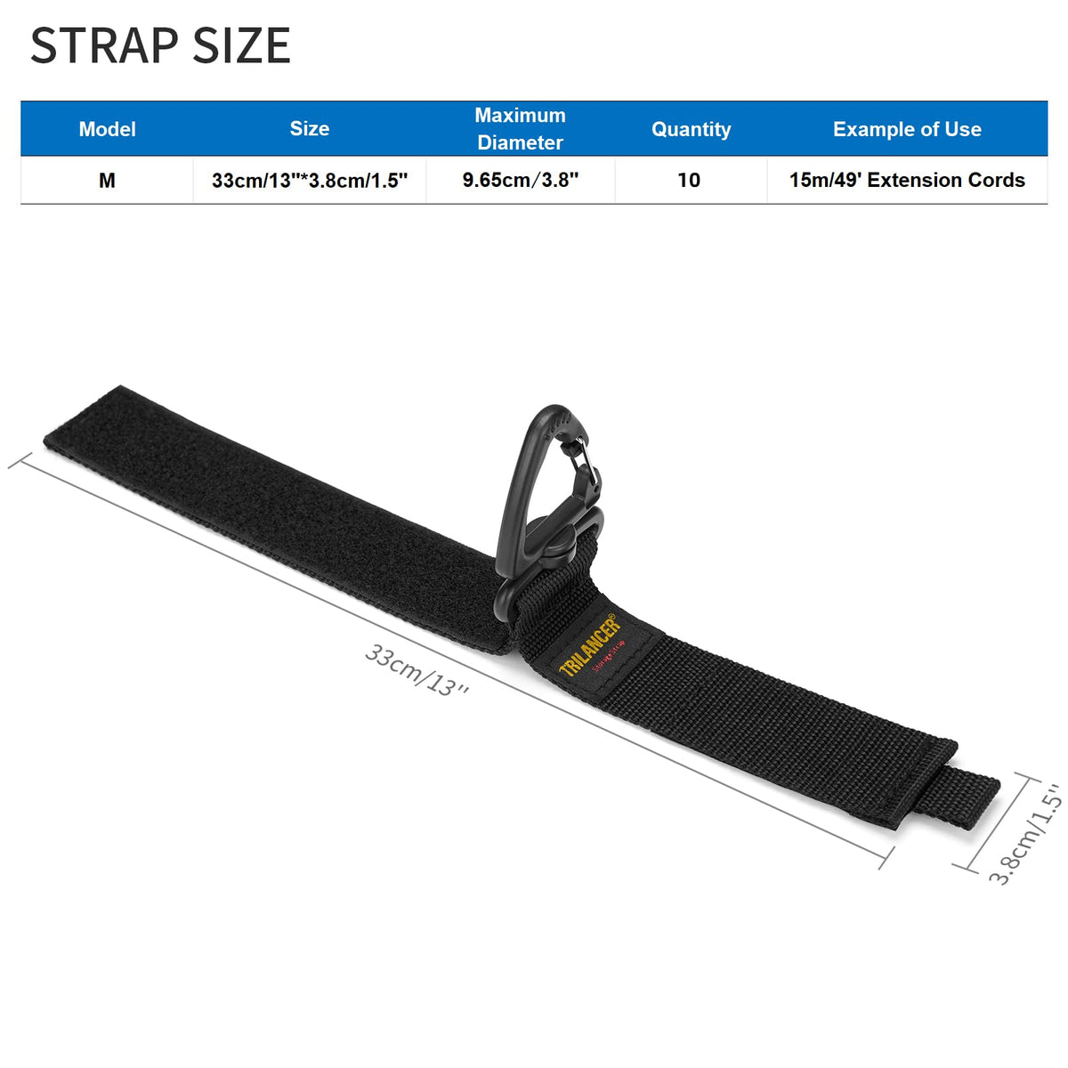 Trilancer wall-mount triangular-buckle strap shown hanging on a wall for organized cables.