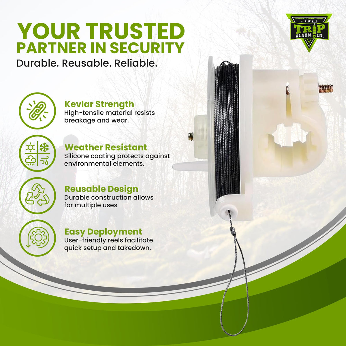 Lightweight tactical line from Trip Alarm Co is easy to handle and connect to devices.